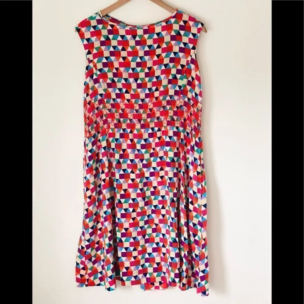 Kate Spade 100% Silk Abbey Sheath Geometric Dress Smocked Waist Size 2